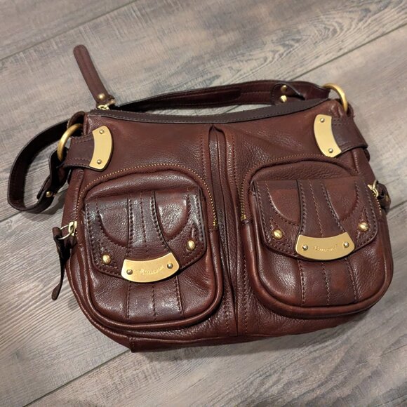 B. Makowski Brown Soft Leather Shoulder Bag Y2K Slouchy Front Pockets Brass - Picture 4 of 16